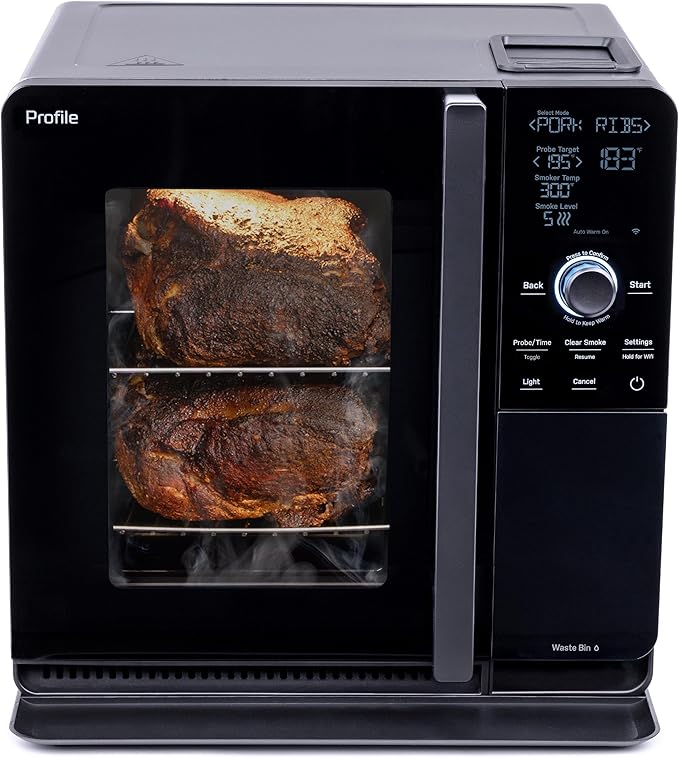 GE Profile™ Smart Indoor Pellet Smoker, with Active Smoke Filtration, 5 Smoke Control Settings, WiFi Connected, Electric, Countertop BBQ Appliance, Black GE Profile™ Smart Indoor Pellet Smoker, with Active Smoke Filtration, 5 Smoke Control Settings, WiFi Connected, Electric, Countertop BBQ Appliance, Black